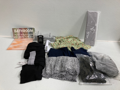 Clothing(Various Sizes), Wall Rack, Wall Sign, Shower Holder and More