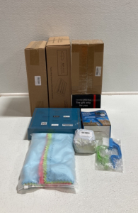 (2) Plastic Wrap Dispenser W/ Cutter and Roll (1) Flask Set W/ Funnel (1) Automatic Drink Dispenser (1) Microfiber Cleansing Cloths (1) Scrubbers (1) Water Bottle Lids (1) Novelty Coffee Mug (1) 4-pack Vahdam Tea
