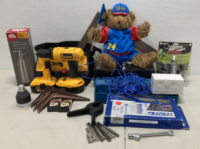 (1) Dewalt 18V Cordless Drill W/ 2 Batteries, (1) Carpenters Square, (1) Mac Tools Refill Pressure Sprayer, (1) Jeff Gordon Teddy Bear, (2) Rayovac Hearing Aid Battery Tester, (1) Brinks Home Security Lock Box, (1) Mac Tools Replacement AC Charger/Battery