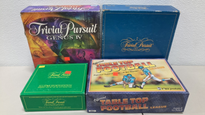 (1) Trivial Pursuit Board Game, (1) Trivial Pursuit Genus IV Edition, (1) Trivial Persuit All Star Sports Edition, (1) Official Table Top Football League Board Game