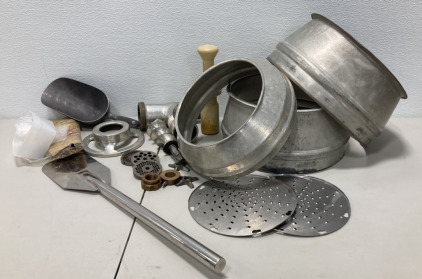 Various Hobart Mixer/Meat Processer Parts, Grating Wheels, Ice Scoop, Large Stirring Paddle