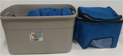 (4) Sterno Blue 15”x15” x14” Insulated Milk Crate/Food Delivery Bags (1) Sterilite 30-Gallon Tote