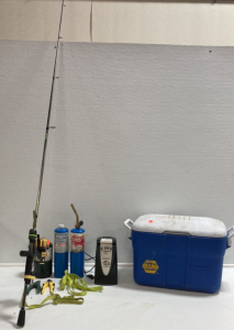 (1) Rubbermaid 12”x16” Cooler (1) Kalex XR5 UnderSpin Battery Operated Fishing Pole (1) 16oz Propane Can (2) 14.1oz Propane Cans (1) Torch Attachment (1) Safety Can Electric Can Opener (1) Neon Dog Leash Set (2) Pet Nail Clippers