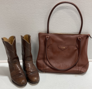 (1) Lodi&rsquo;s Brown Leather Purse (1) Pair Of Women&rsquo;s Work Boots Size 6 1/2