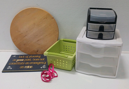 Lazy Susan, Plastic Drawers, And Plaque