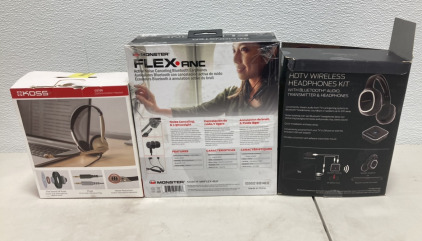 (1) Koss CS100 Communication Headset, (1) Monster Flex•Anc Active Noise Canceling Bluetooth Earphones, (1) HDTV Wireless Headphones Kit