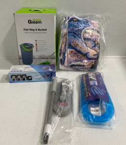 Flat Mop & Bucket, Shower Brush, Shower Head, Dryer Lint Vaccum Attachment, Bath Mats and Shower Curtain Set