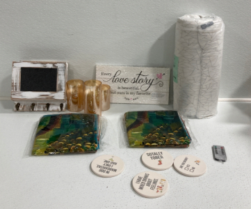 Hanging Key Rack/ Mail Holder, (2) Sets of Pillow Cases, Coasters, Flamless Candles With Remote, Love Sign, Body Pillow