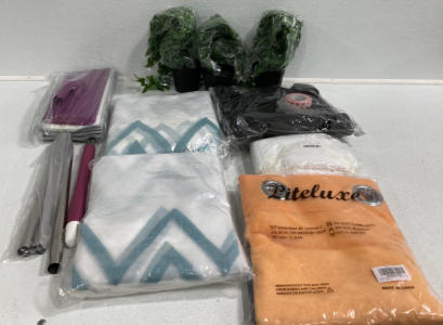 (3) Artificial Plants, (3) Curtains, Mop, Cleaning Towels, Furniture Bumper Pads