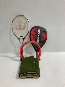 (2) Tennis Rackets, Throwing Disk, Artificial Grass