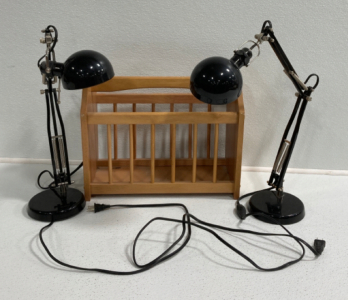 (2) Black Desk Lamps, Magazine Stand