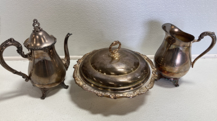 (2) Silver Pitchers, (1) Silver Serving Dish