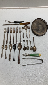(14) Antique Silverware, Silver Tray, (4) Collectible Spoons, Knife Sharpener, Carving Fork, Nickle Plated Bottle Opener, Stainless Steel Ice Tongs