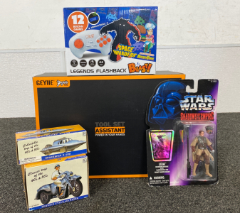 Assorted Toys Including Star Wars Figure, Tool Set Assistant, and More