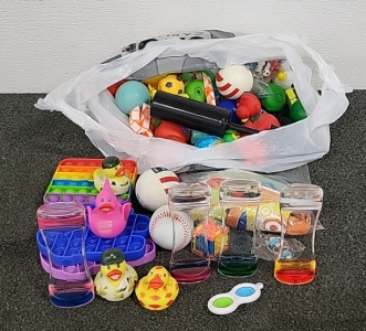 Bag of Assorted Fidget Toys, RUBBER ducks, Wrist Bands, Air Pump and More