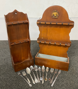 Collectible Spoons and Forks and (2) Small Hanging Shelves