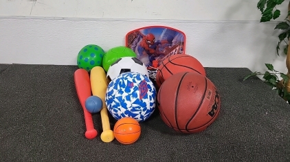 (2) Plastic Baseball Bats, Spiderman Basketball Hoop with Soft Basketball, (3) Soccer Balls, (2) Basketballs and More