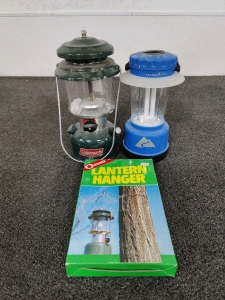 Coleman Oil Lantern, Battery Powered Lantern & Lantern Hanger