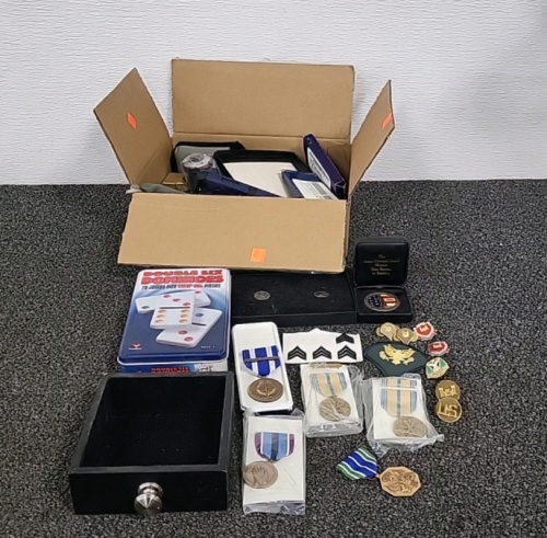 Box of Assorted Military Medals, Rank Insignia, Double 6 Dominoes and More