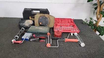 Assorted Tool Boxes, Knee Pads, Paint Rollers and More