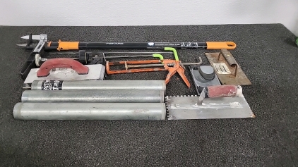 Tote of Caulk Guns, Concrete Tools, Stand Up Weeder and More