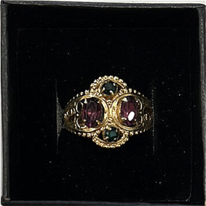 Gold Toned Ring with Amethyst and Emerald Colored Stones