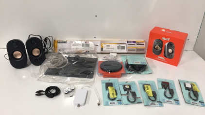 (2) Onn Surf PC Stereo Speakers-Sanus Wall Mount-(5) Onn Adapter-CD Player and More
