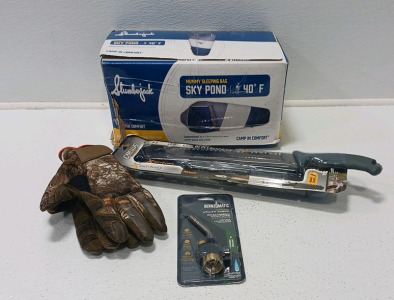 Slumberjack Mummy Bag, Utility Torch Tip, Camillus Machete And Mechanix Wear Field Series Gloves
