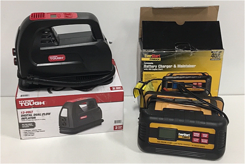 (1) Everstart Maxx Automatic Battery Charger And Maintainer W/ 40A Engine Start (1) Hyper Tough 12-Volt Digital Dual Flow Inflator