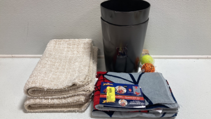 (2) Metal Trash Cans, (2) Bath Mats, Spider-Man Towel, (2) Lacrosse Balls