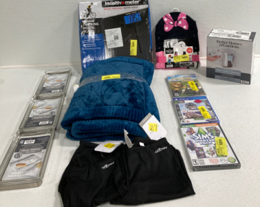 (3) Glass Vanity Trays, Blue Bath Rug Set, Digital Scale, Mini Mouse Towel, Soap Dispenser, (2) Dolfin Sports Shorts, (2) PC Games, PS4 Game
