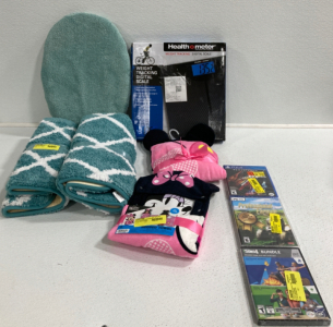 (2) Bathmats, Toilet Seat Cover, (2) Minnie Mouse Towels, Digital Scale, (2) PC Games, PS4 Game