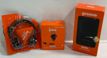 ONN Cassette Recorder, ONN Wireless Charging Vent Mount, ONN USB Headset With Bulit In Mircrophone