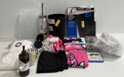 Curtains, (2) Minnie Mouse Towels, Digital Scale, Shower Mat, Soap Dispenser, Toothbrush Holder, Shower Curtain, Unicorn Sheet, Bathroom Trash Can, Toilet Bowl Brush , (2) PC Games, PS4 Games