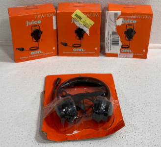 (3) ONN Wireless Charging Car Vent Mounts, ONN USB Headset With Bulit In Mircrophone