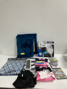 (2) Shower Curtains, (2) Bath Mats, Digital Scale, (2) Minnie Mouse Towels, Biker Shorts Size XL, (3) PC Games