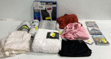Digital Scale, Shower Mats, Shower Curtain, Bath Rugs, Towel, Biker Shorts Size XXL, Couch Cover, (3) PC Games