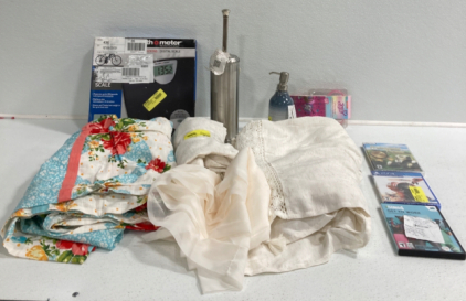 Digital Scale, Tablecloth, Shower Curtains, Sheer Curtain, Toilet Bowl Brush, Soap Dispenser, Curtain Rings, (2) PC Games, PS4 Game