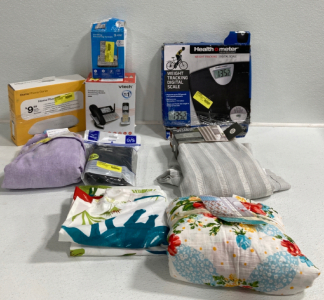 (2) Home Phones, Phone Genie, Digital Scale, (3) Shower Curtains, Unicorn Towel, Knee Pad