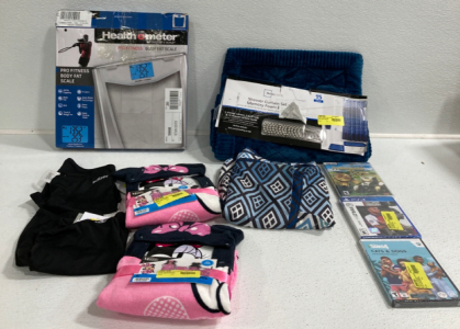 Digital Scale, Bath Rugs and Shower Curtain Set, (2) Minni Mouse Towels, (2) Pairs Of Biker Shorts Size S, (2) PC Games, PS4 Game