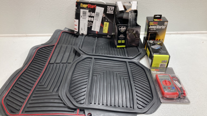 (3) Floor Mats, Booster Cables, Bucket Seat Cover, Jump Starter, FM Transmitter, Digital Multimeter