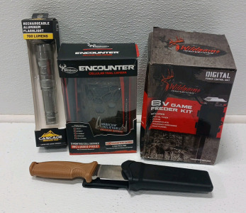 6V Game Feeder Kit, Encounter Cellular Trail Camera, Reachable Flashlight And Swedge Knife