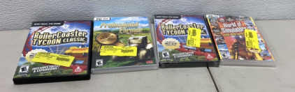 (2) Mac Roller Coaster Tycoon Classics, (1) PC Professional Farmer, (1) PC World of Simulators