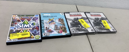 (2) PC Sniper Contracts, (1) PC Sims 3 Seasons, (1) PC Sims 4 Snowy Escape