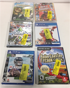 (1) Star Wars Squadrons For PS4 (1) Roller Coaster Tycoon For PC (1) The Sims 3 for PC (1) Madden 21 For PS4 (1) Professional Farmer For PC (1) World Of Simulators Farm, Drive and Rescue For PC