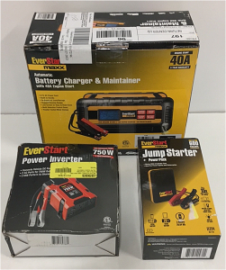 (1) Everstart Maxx Automatic Battery Charger And Maintainer W/40A Jump Start (1) Everstart 750w Power Inverter (1) Everstart Jump Starter And Powerpack