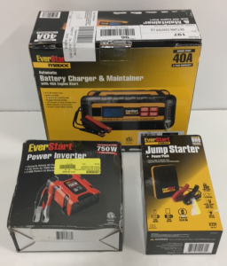 (1) Everstart Maxx Automatic Battery Charger And Maintainer W/40A Jump Start (1) Everstart 750w Power Inverter (1) Everstart Jump Starter And Powerpack