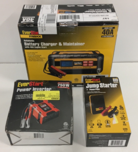 (1) Everstart Maxx Automatic Battery Charger And Maintainer W/40A Jump Start (1) Everstart 750w Power Inverter (1) Everstart Jump Starter And Powerpack