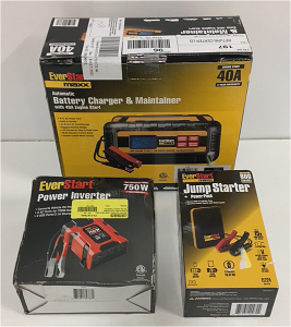 (1) Everstart Maxx Automatic Battery Charger And Maintainer W/40A Jump Start (1) Everstart 750w Power Inverter (1) Everstart Jump Starter And Powerpack