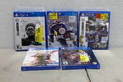 (1) PS4 Star Wars Squadrons, (1) PS4 NHL 17&rsquo;, (1) PS4 Madden 21, (1) PS4 MVP Madden 21, (1) PS4 Remastered Need For Speed Hot Pursuit